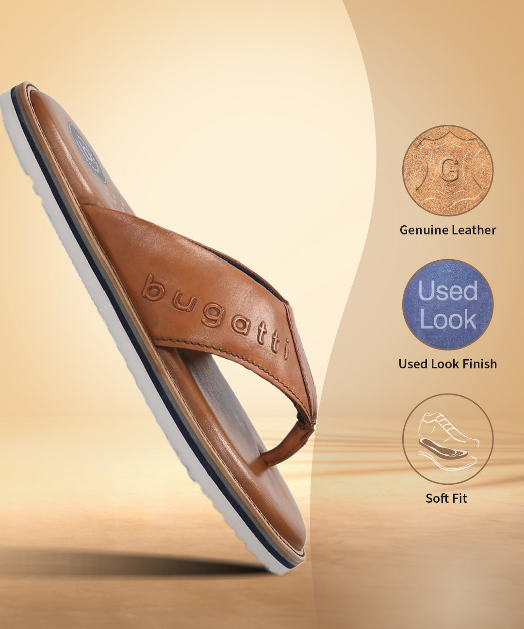Brown leather thong sandals by bugatti with a white and blue sole.