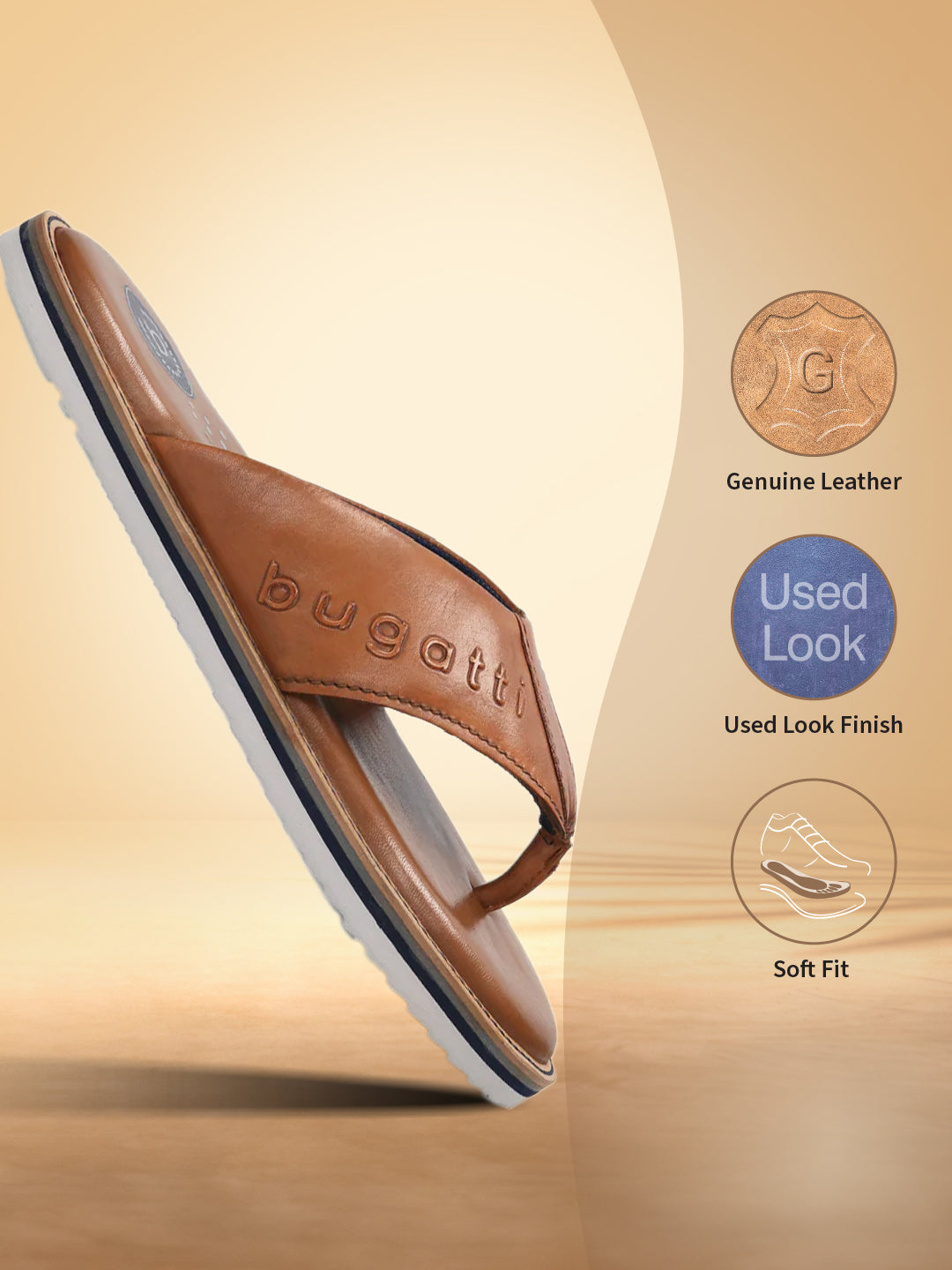 Brown leather thong sandals by bugatti with a white and blue sole.