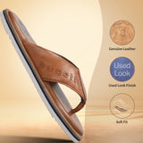 Brown leather thong sandals by bugatti with a white and blue sole.