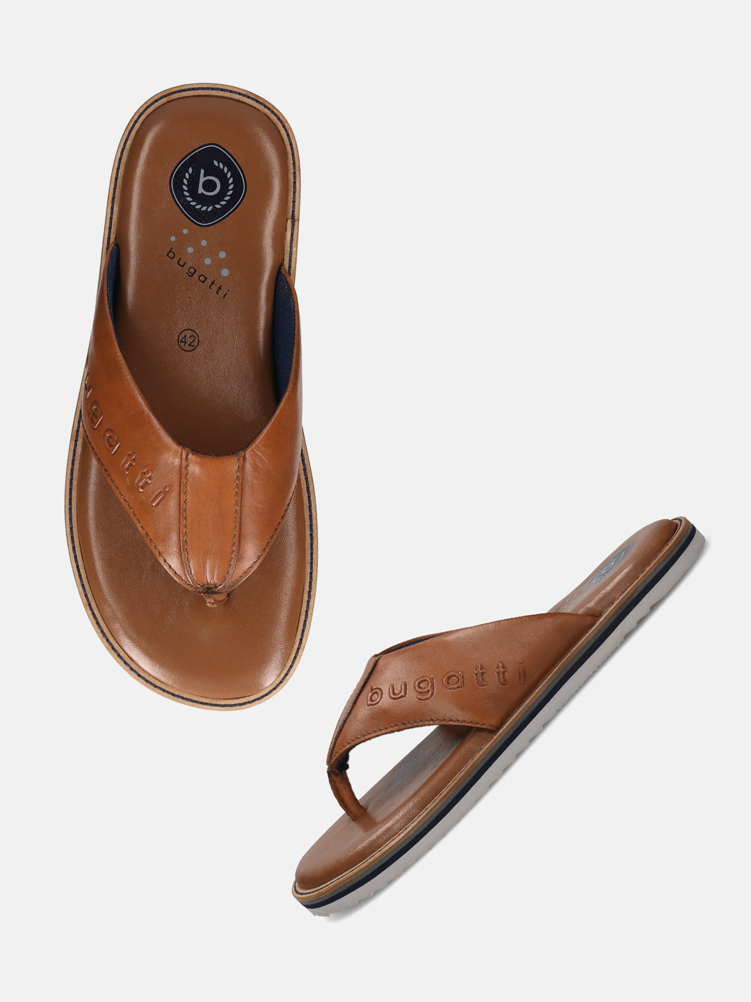 Brown leather thong sandals by bugatti, featuring toe-post styling and the brand name embossed on the strap.