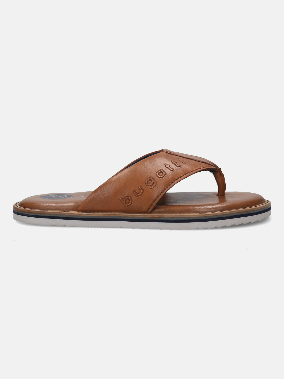 Cognac leather thong sandal by Bugatti with the brand name embossed on the strap and a striped midsole.