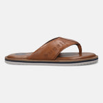 Cognac leather thong sandal by Bugatti with the brand name embossed on the strap and a striped midsole.