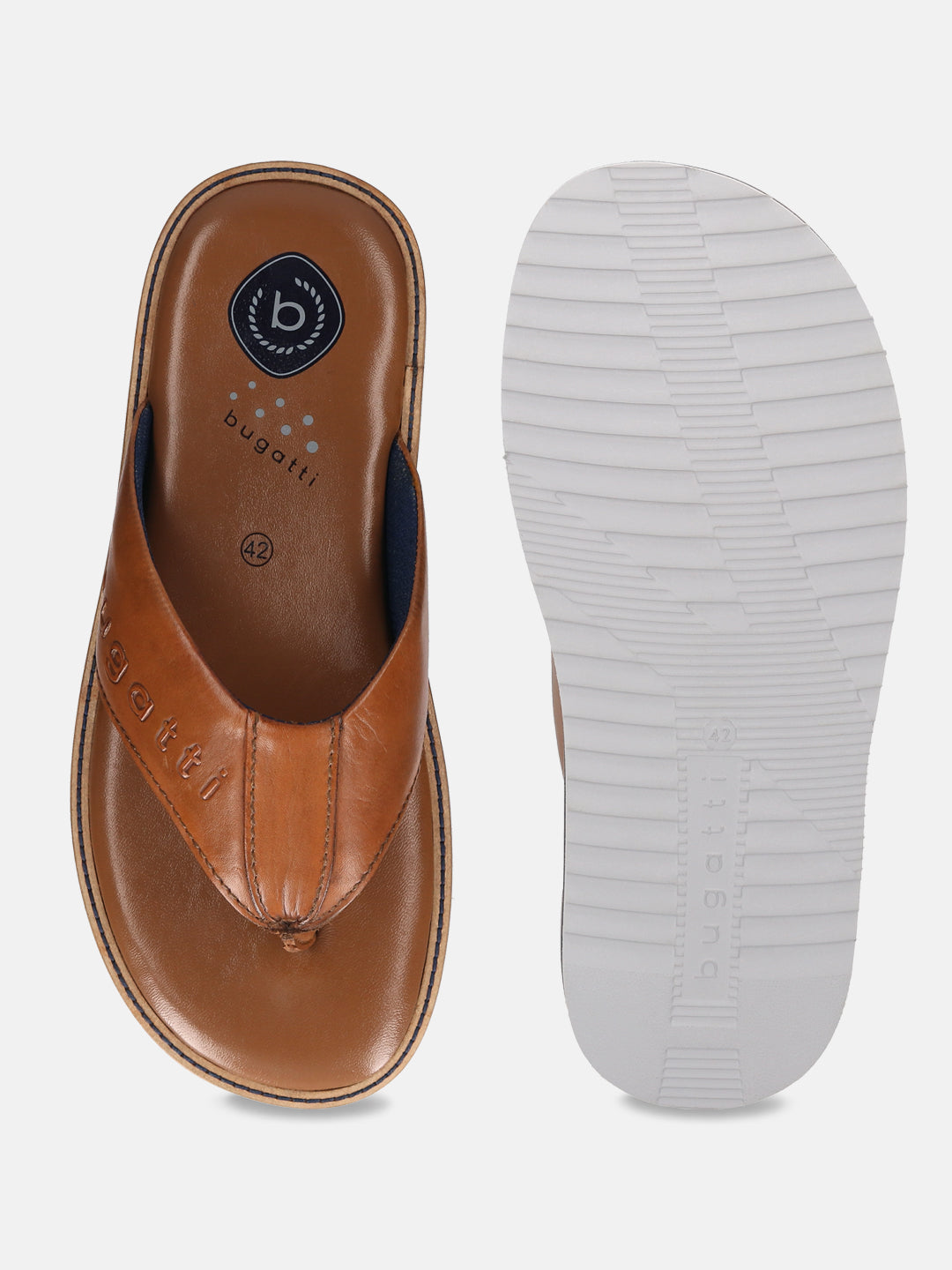 Cognac leather thong sandals by bugatti, featuring a cushioned footbed and textured white sole.
