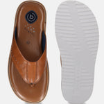 Cognac leather thong sandals by bugatti, featuring a cushioned footbed and textured white sole.