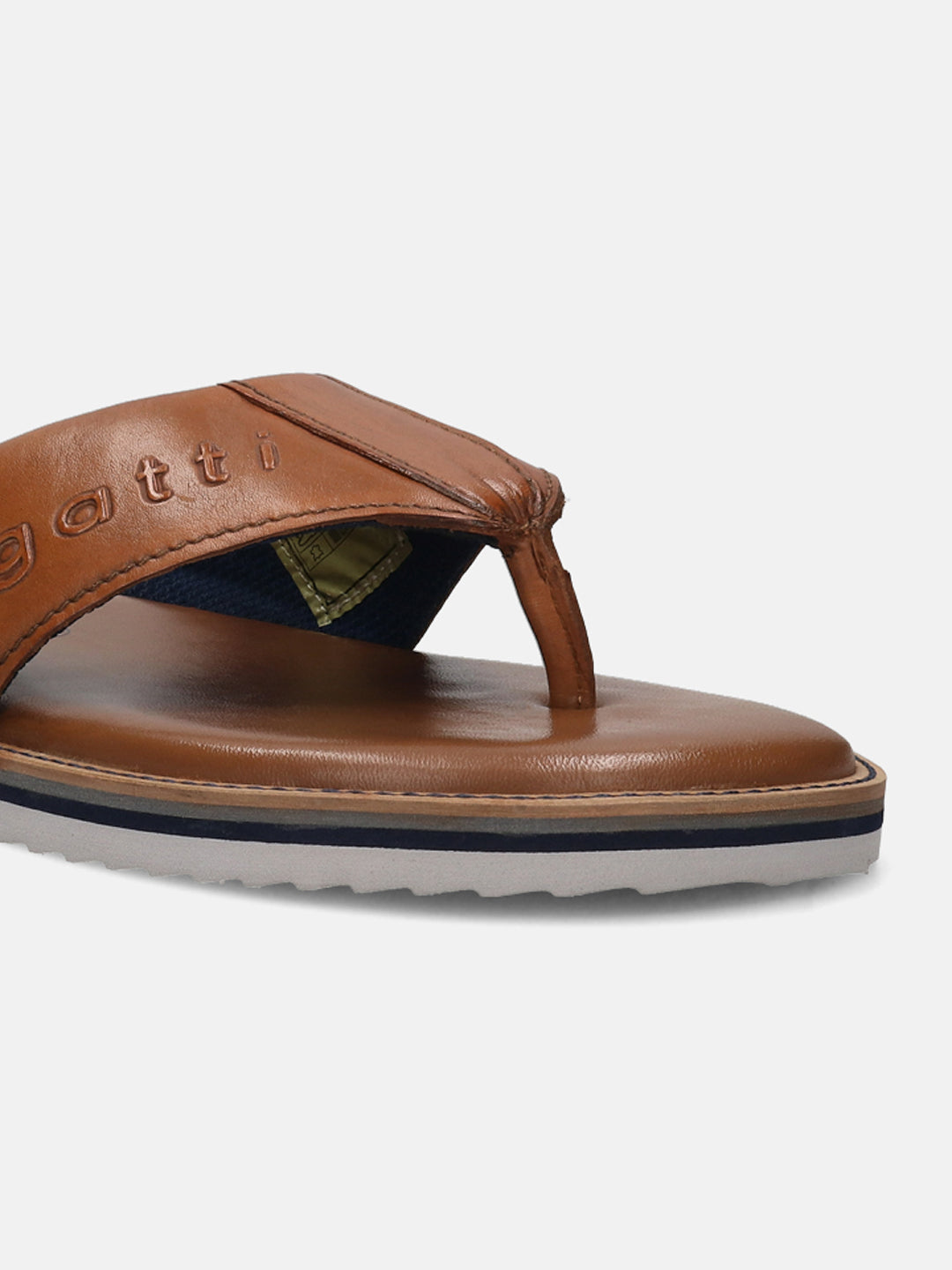 Cognac thong sandal in premium leather by bugatti, featuring a layered sole.