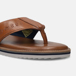 Cognac thong sandal in premium leather by bugatti, featuring a layered sole.