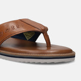 Cognac thong sandal in premium leather by bugatti, featuring a layered sole.