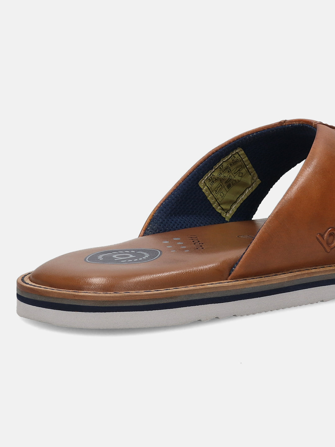 Cognac premium leather thong sandals by bugatti, featuring a comfortable sole and navy blue accents.