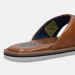 Cognac premium leather thong sandals by bugatti, featuring a comfortable sole and navy blue accents.