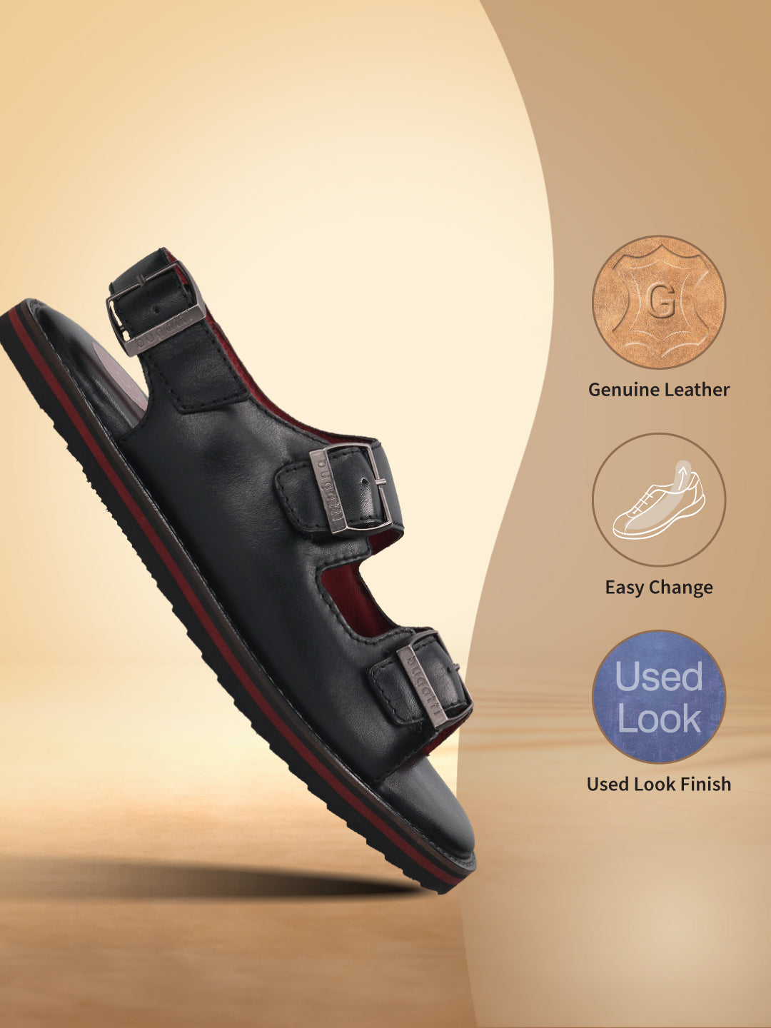 bugatti Cobie black leather sandal with buckle straps and a red-trimmed sole.

