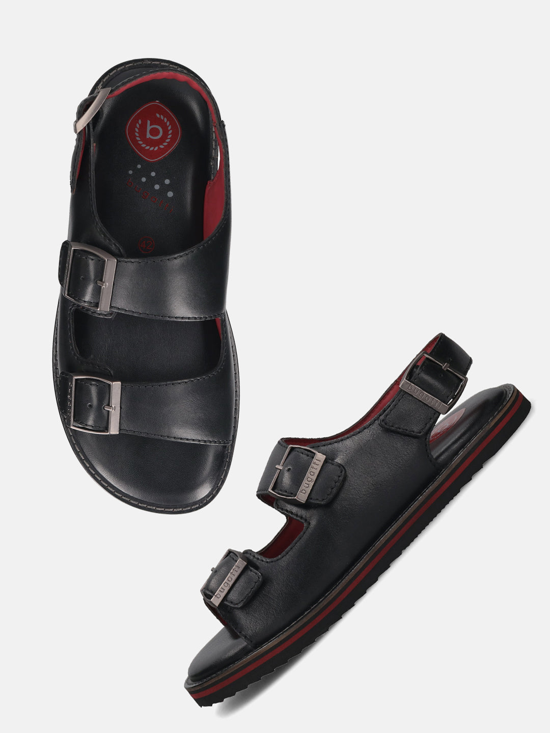 bugatti Cobie black sandals in premium leather with a comfort back strap, shown at an angle.
