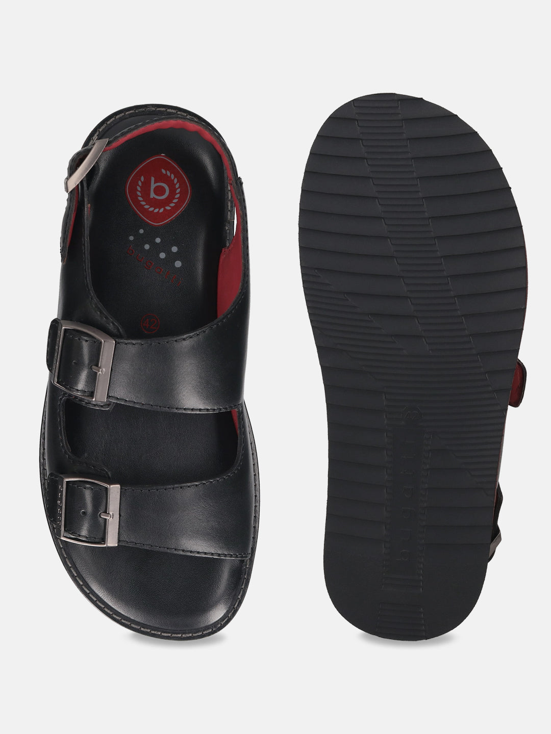 Bugatti Cobie black leather sandals with buckle straps and red lining, shown from above.