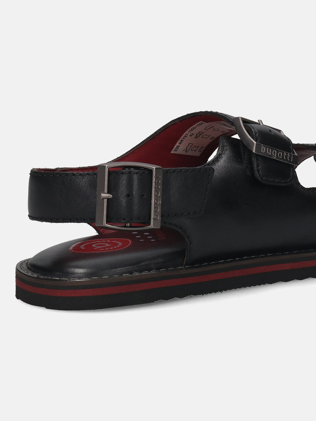 Cropped view of a black bugatti sandal in leather with buckle straps and a red accent stripe.
