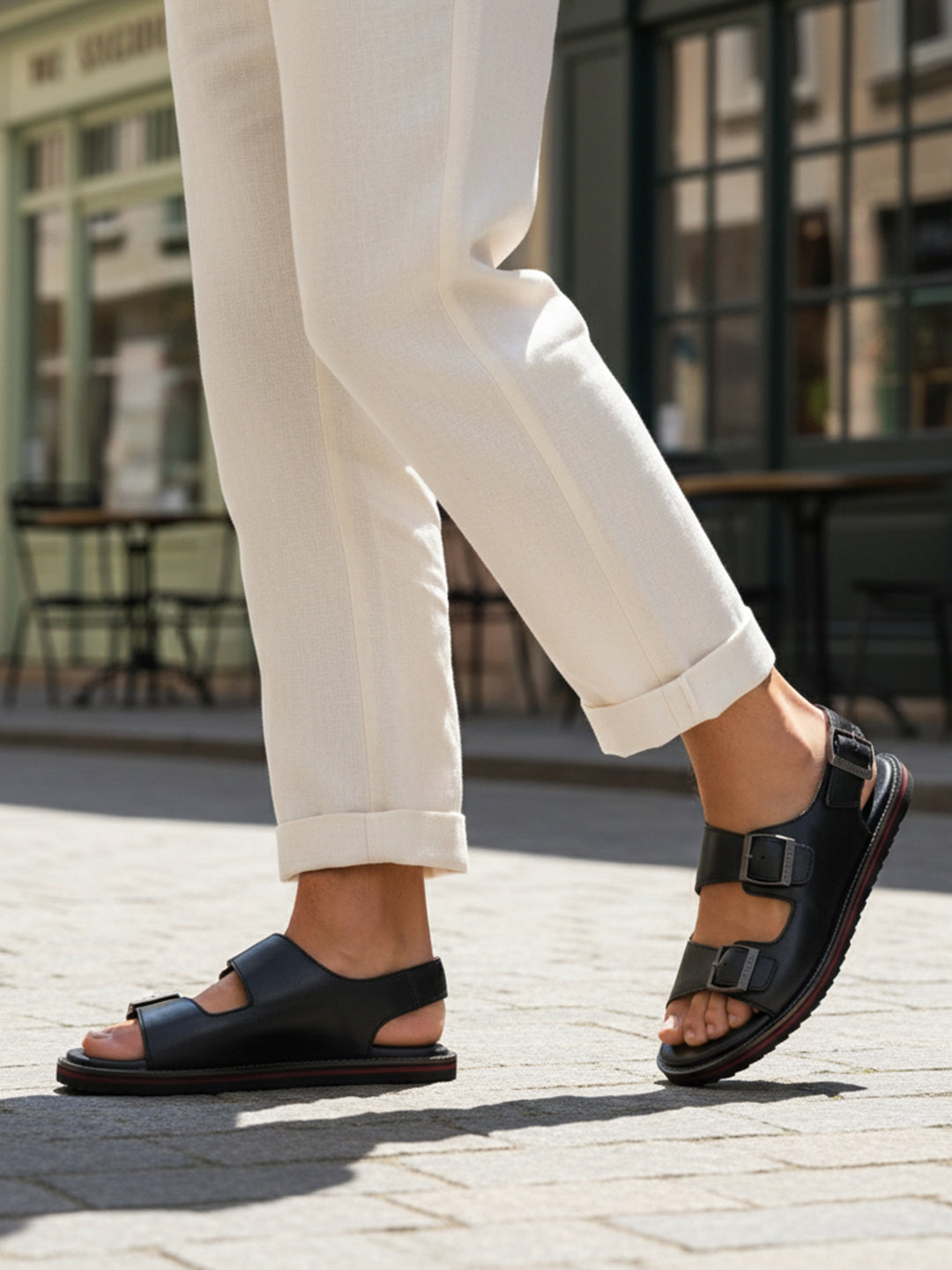 Lifestyle shot of bugatti Cobie black leather sandals with comfort back strap, paired with white linen pants.
