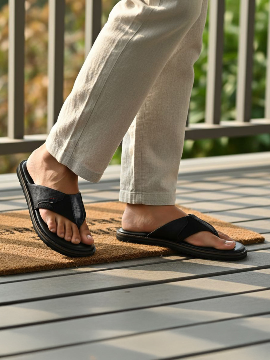 Lifestyle view of bugatti Cobie comfort thong sandals in black leather, paired with linen trousers.