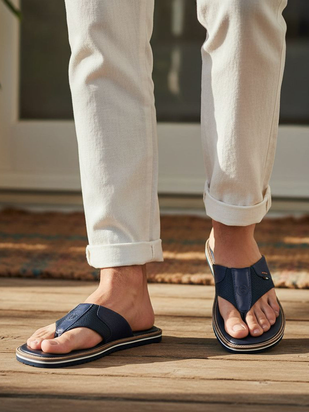 Lifestyle shot of bugatti Cobie comfort thong sandals in dark blue, worn with white casual pants.
