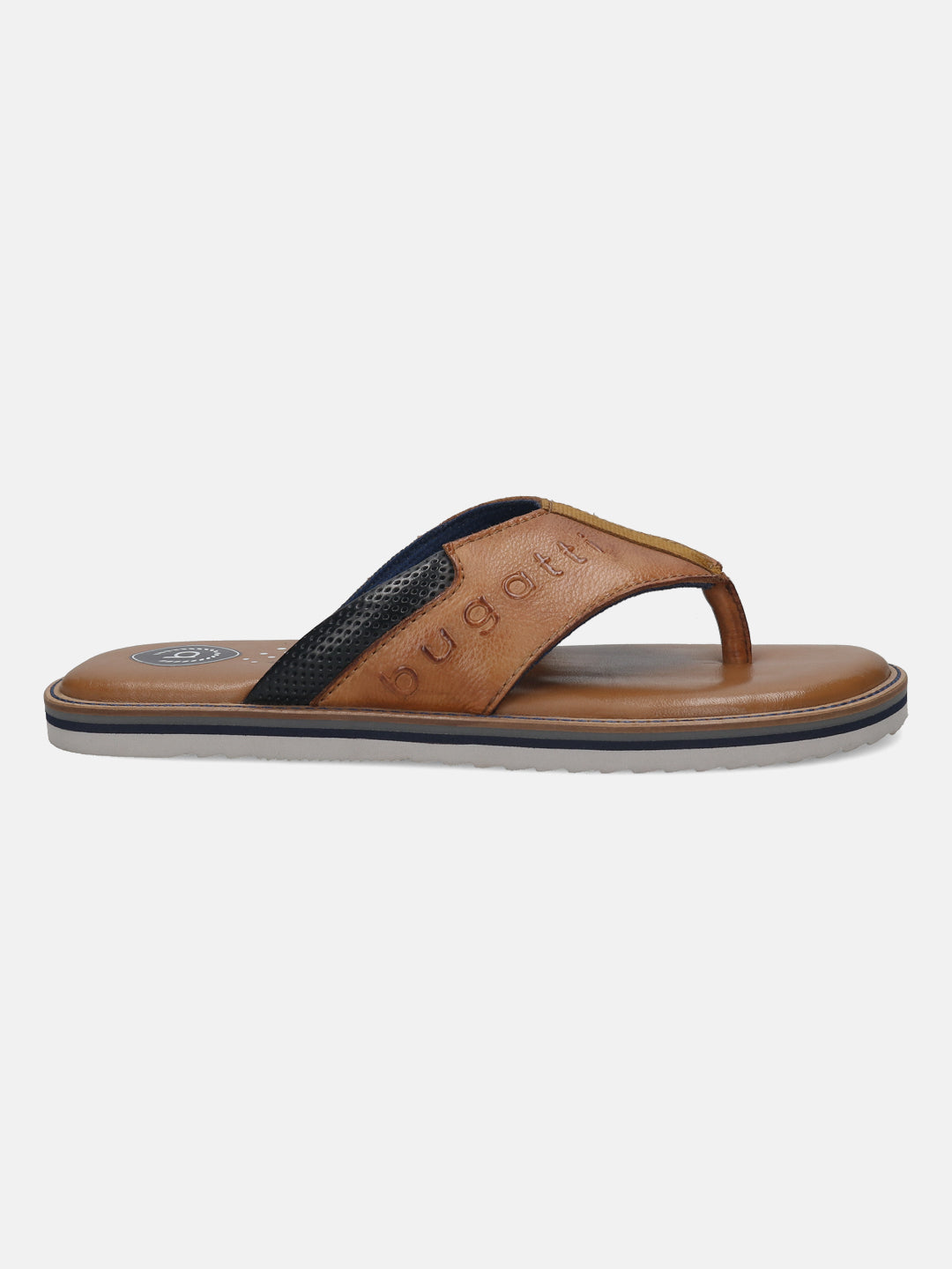 Men's Bugatti thong cognac leather shoes with a round toe , a eva outsole.