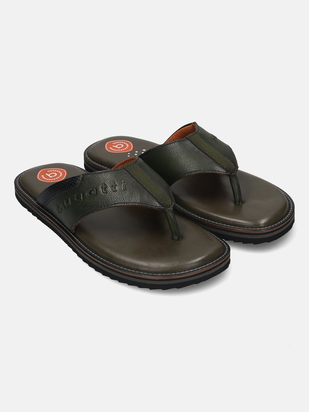 Men's Bugatti thong green leather shoes with a round toe , a eva outsole.