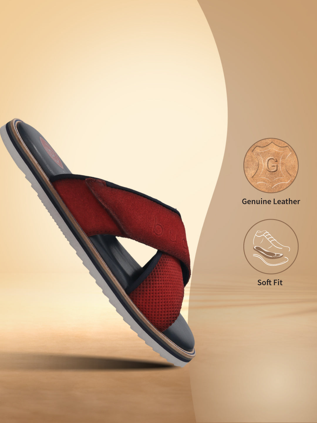 Bugatti Cobie red premium leather sandals with a comfortable cross strap design.
