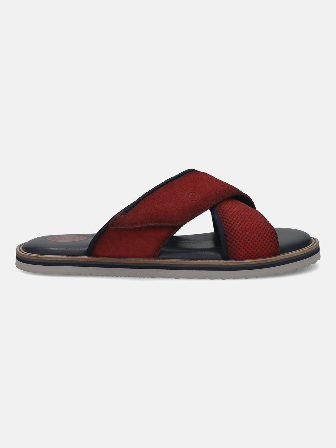 Bugatti Cobie red premium leather sandals with comfort cross straps, featuring a suede and mesh texture.
