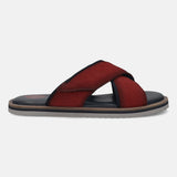 Bugatti Cobie red premium leather sandals with comfort cross straps, featuring a suede and mesh texture.
