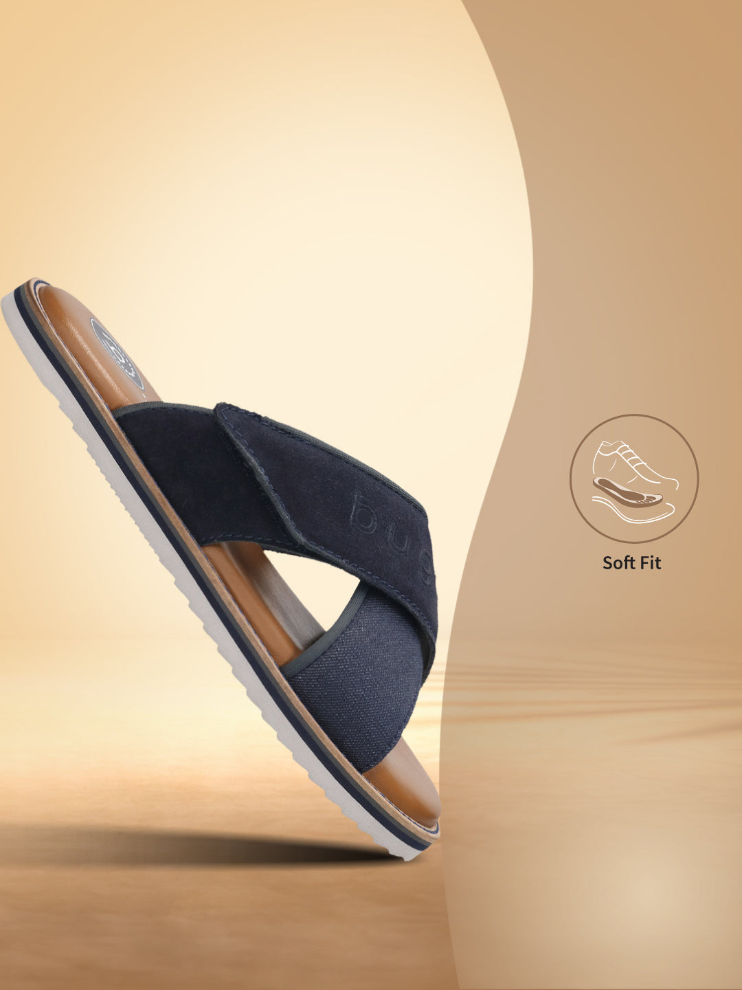 bugatti Cobie dark blue comfort sandals featuring cross straps with a white and tan sole.