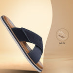 bugatti Cobie dark blue comfort sandals featuring cross straps with a white and tan sole.