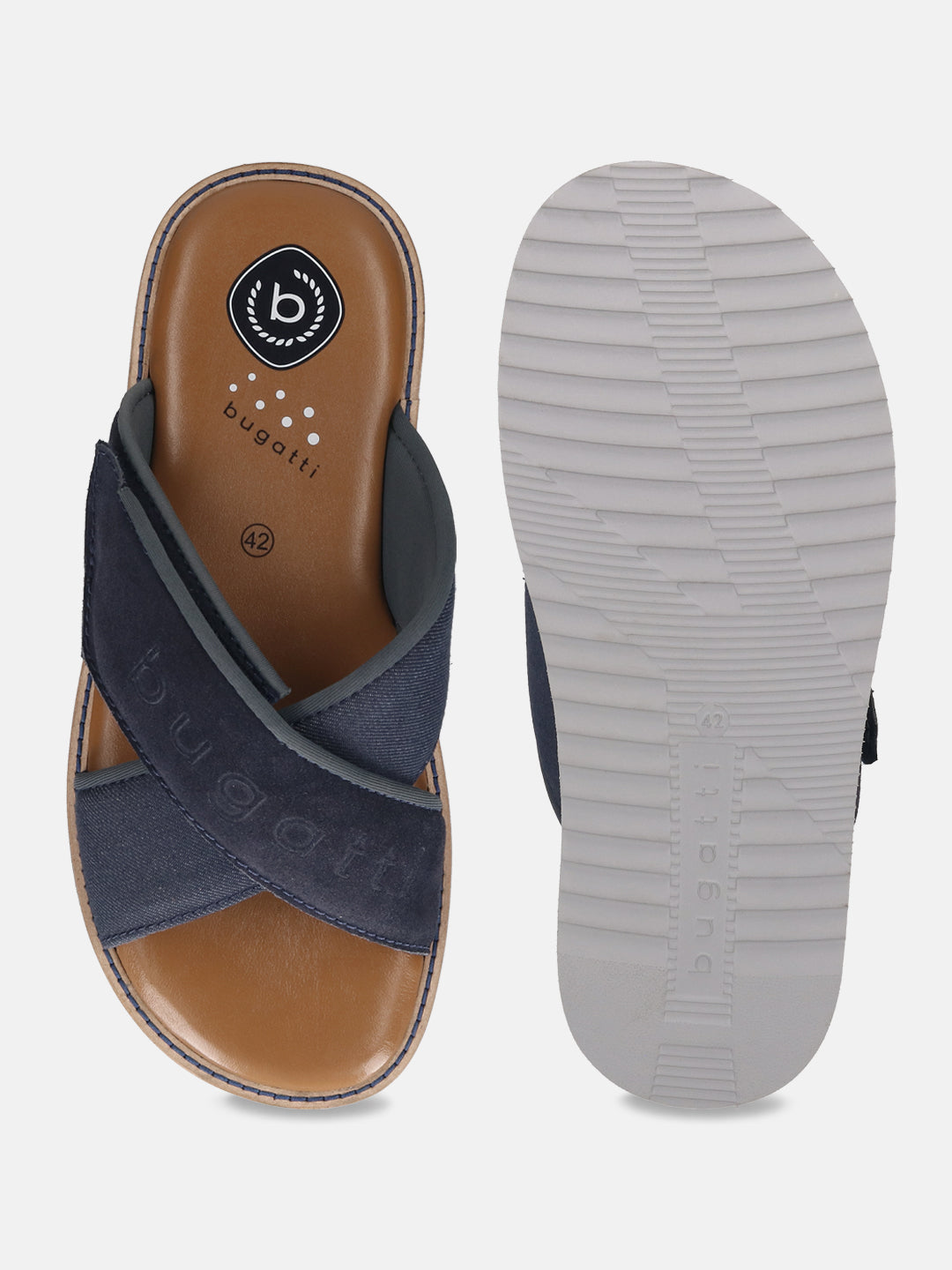 Bugatti Cobie sandals in dark blue, featuring cross straps with brand detail and a light brown cushioned insole.