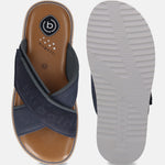 Bugatti Cobie sandals in dark blue, featuring cross straps with brand detail and a light brown cushioned insole.