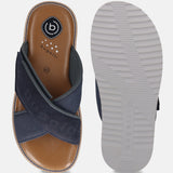 Bugatti Cobie sandals in dark blue, featuring cross straps with brand detail and a light brown cushioned insole.