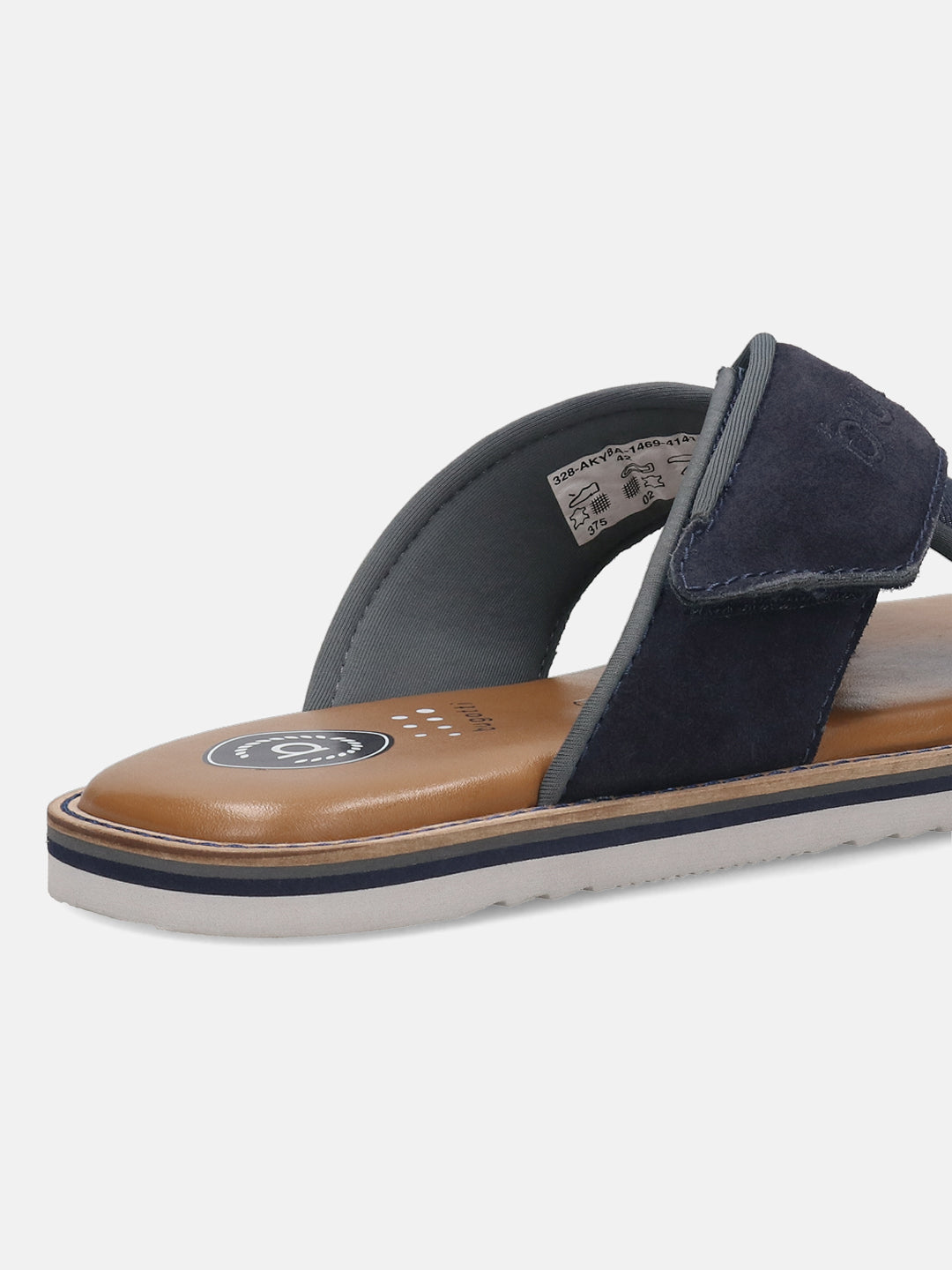 Cropped view of the bugatti Cobie sandal in dark blue, showing its adjustable cross strap and layered sole.

