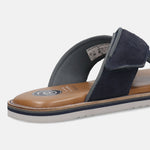 Cropped view of the bugatti Cobie sandal in dark blue, showing its adjustable cross strap and layered sole.
