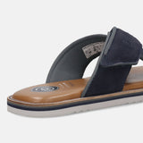Cropped view of the bugatti Cobie sandal in dark blue, showing its adjustable cross strap and layered sole.
