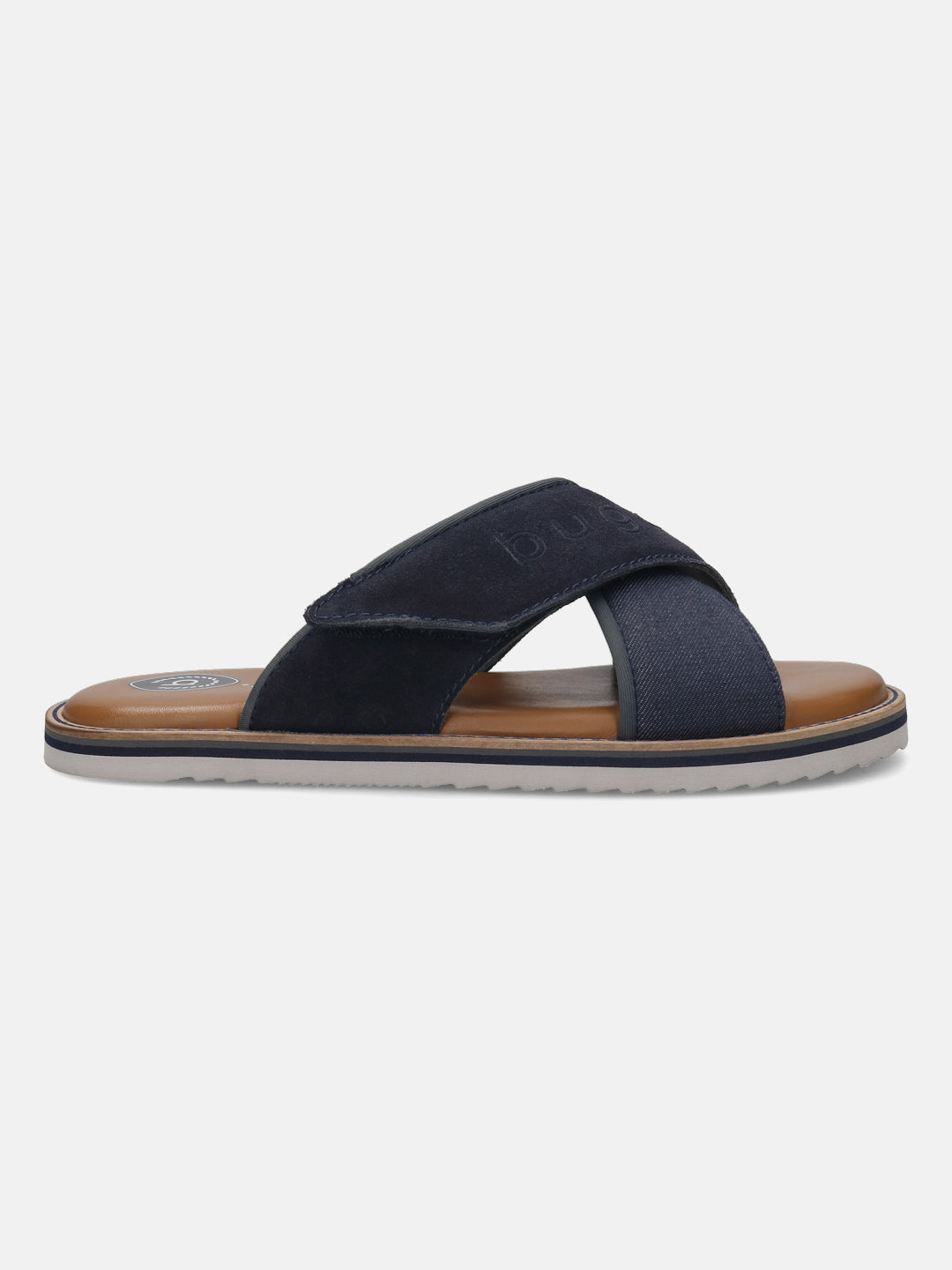 Bugatti Cobie dark blue sandals featuring cross straps in suede and denim on a brown and white sole.