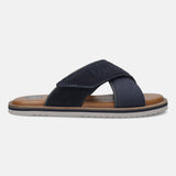 Bugatti Cobie dark blue sandals featuring cross straps in suede and denim on a brown and white sole.