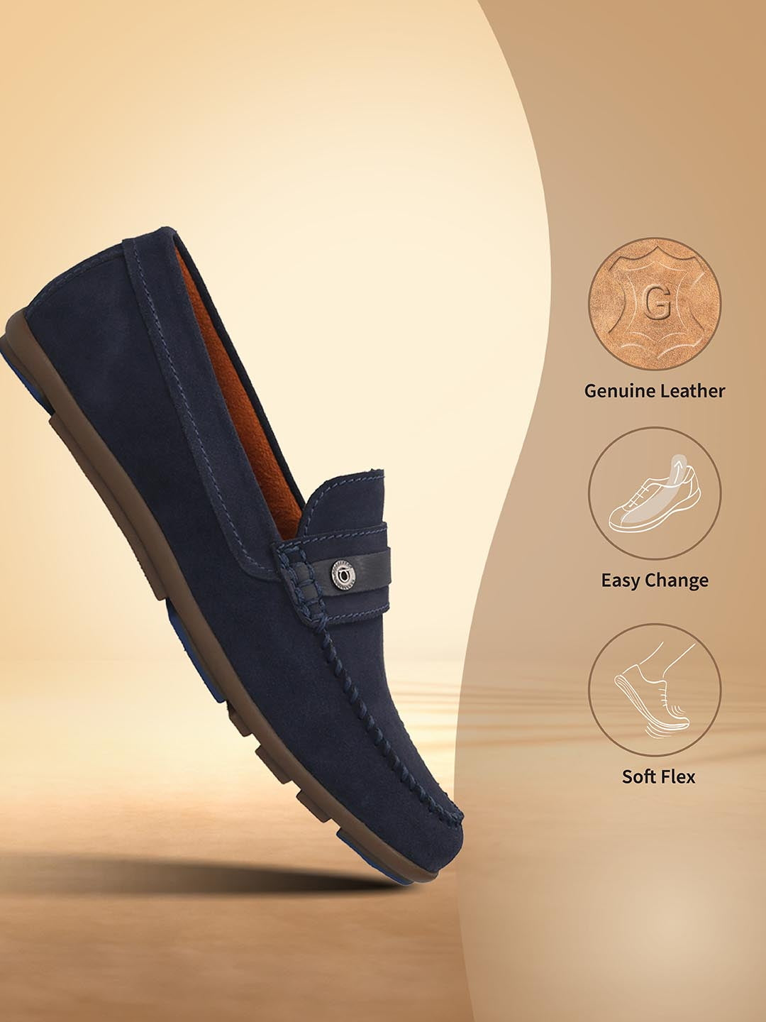 Men's Bugatti drivers blue leather shoes with a round toe and apron toe , a rubber outsole.