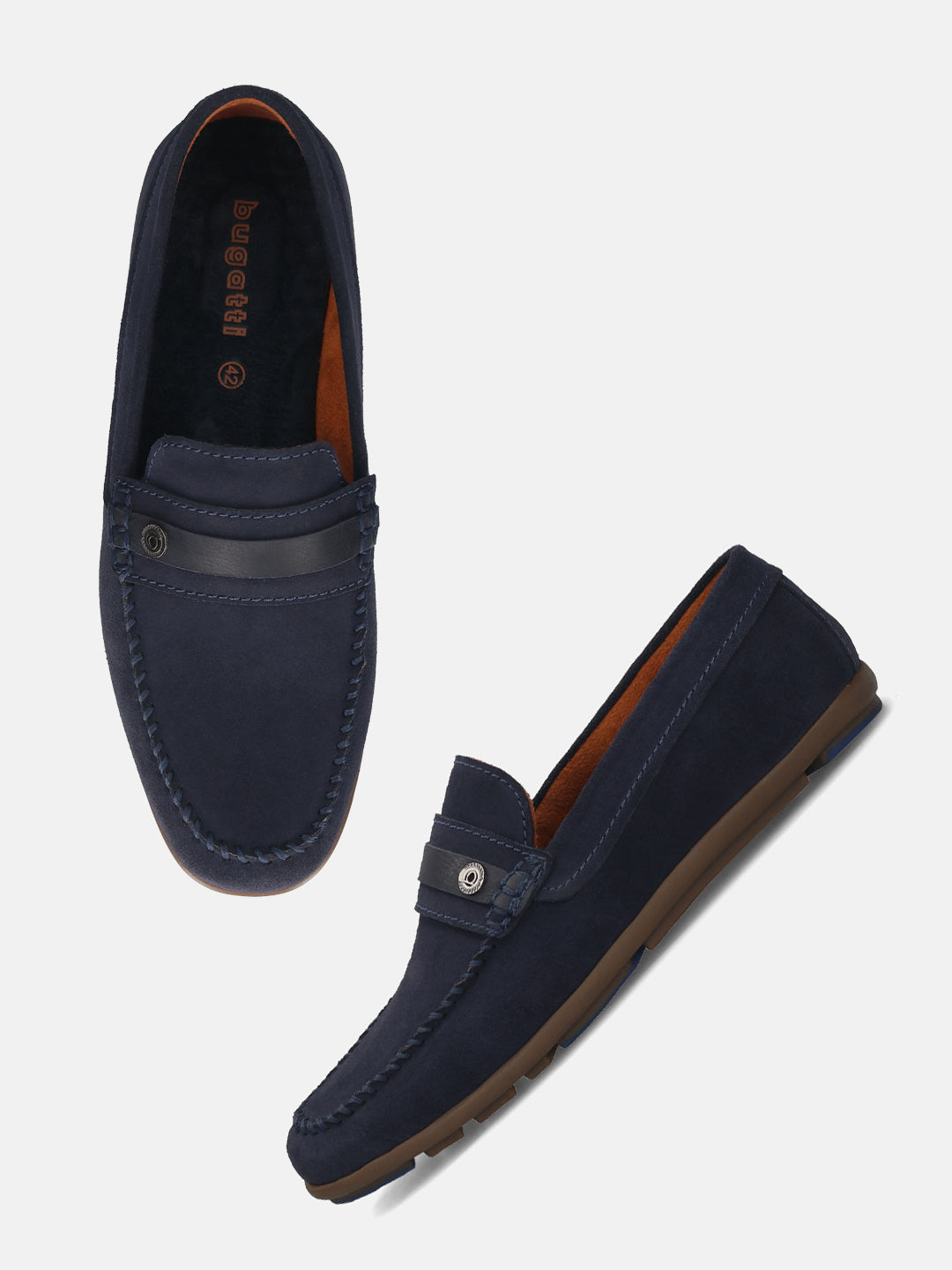 Men's Bugatti drivers blue leather shoes with a round toe and apron toe , a rubber outsole.