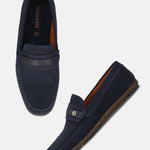 Men's Bugatti drivers blue leather shoes with a round toe and apron toe , a rubber outsole.