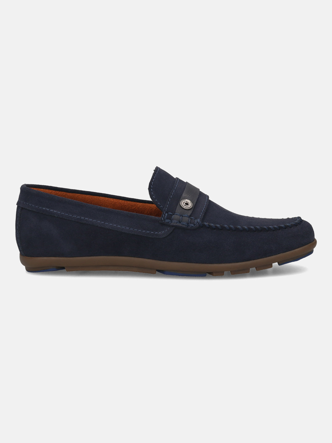 Men's Bugatti drivers blue leather shoes with a round toe and apron toe , a rubber outsole.