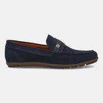 Men's Bugatti drivers blue leather shoes with a round toe and apron toe , a rubber outsole.
