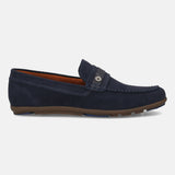 Men's Bugatti drivers blue leather shoes with a round toe and apron toe , a rubber outsole.