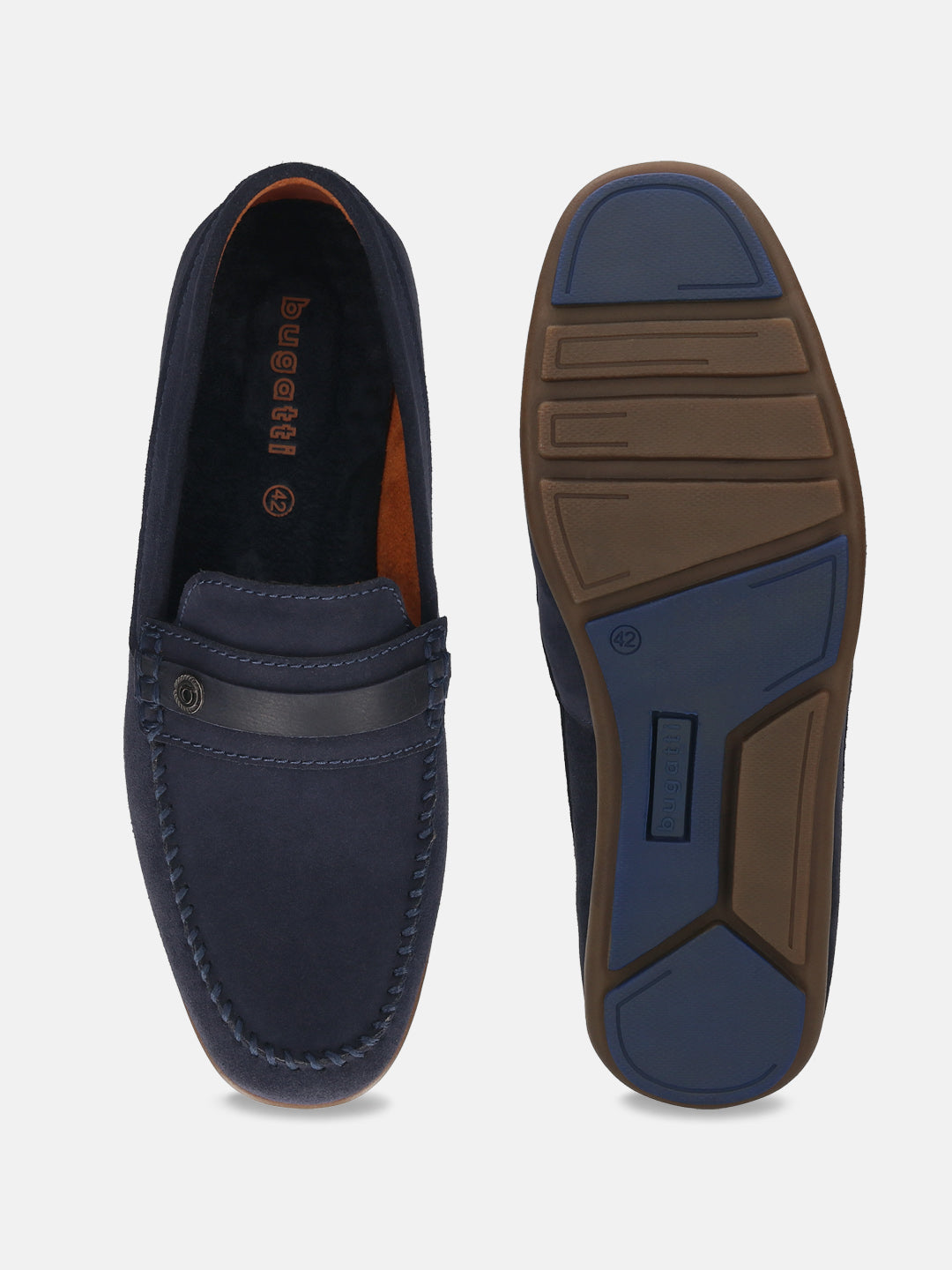 Men's Bugatti drivers blue leather shoes with a round toe and apron toe , a rubber outsole.