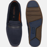 Men's Bugatti drivers blue leather shoes with a round toe and apron toe , a rubber outsole.
