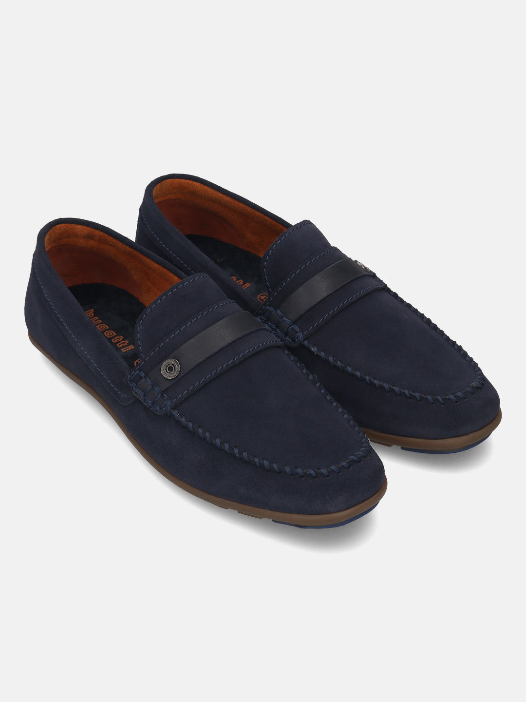 Men's Bugatti drivers blue leather shoes with a round toe and apron toe , a rubber outsole.
