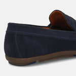 Men's Bugatti drivers blue leather shoes with a round toe and apron toe , a rubber outsole.