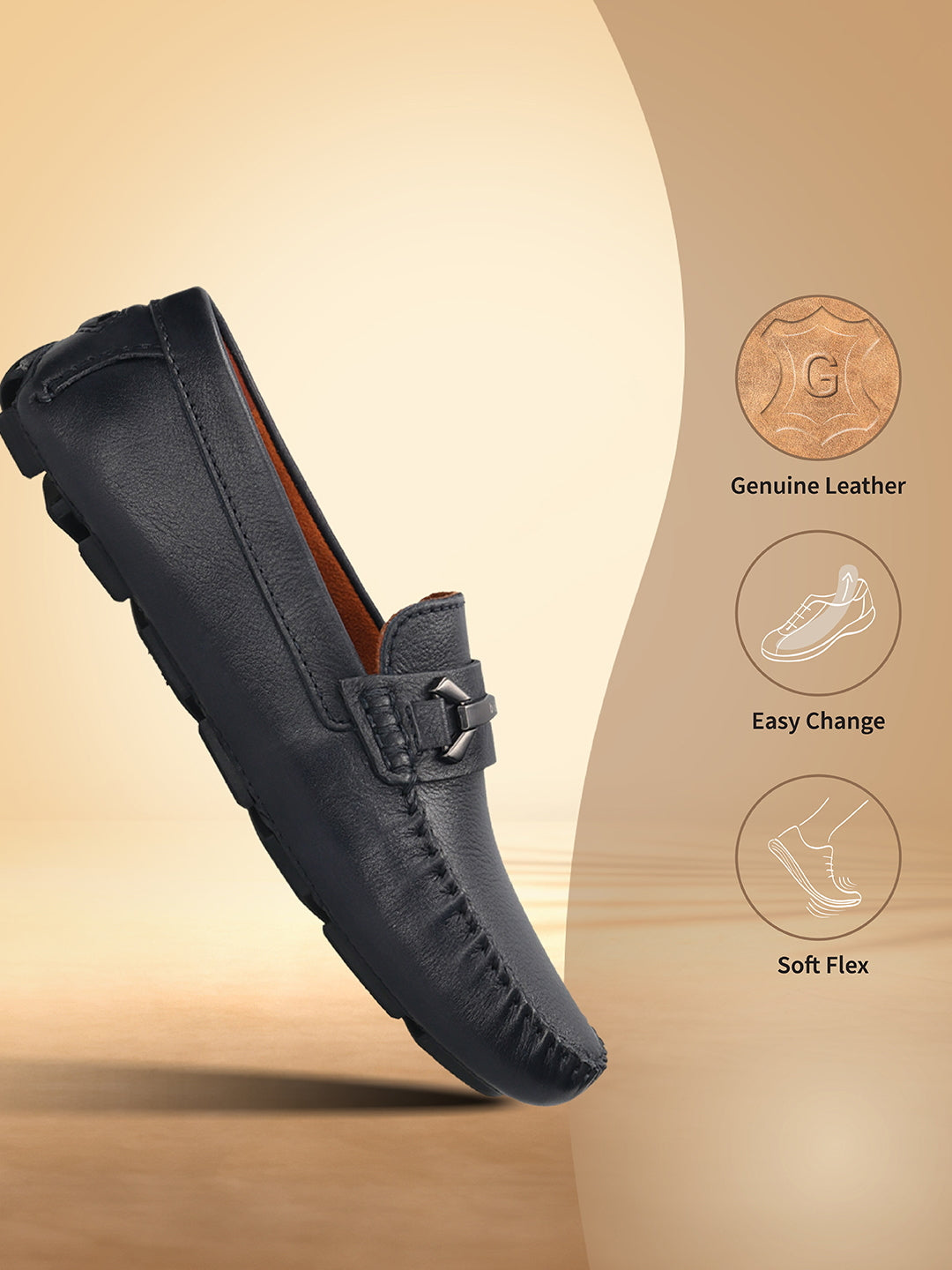 Dark blue leather slip-on shoe by bugatti with a metal accent and stitched seams.