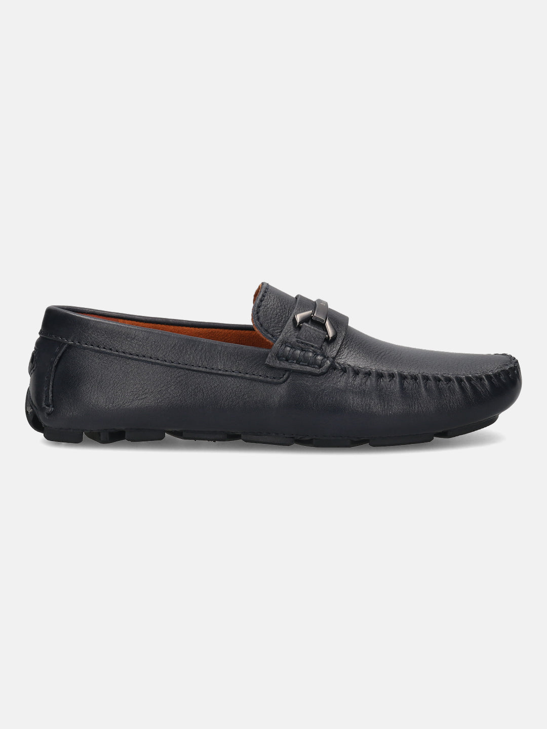 Dark blue leather loafer by bugatti with a metal accent, textured surface, and stitched detailing, in a side view.