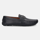 Dark blue leather loafer by bugatti with a metal accent, textured surface, and stitched detailing, in a side view.