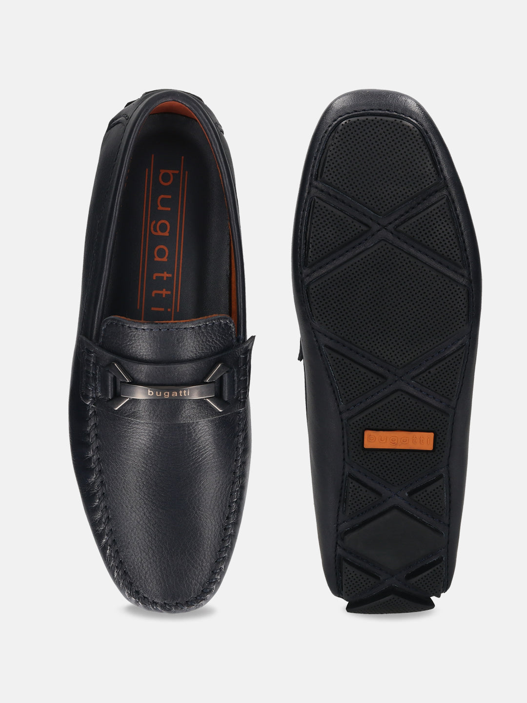 Dark blue premium leather slip-ons by bugatti, showcasing a textured upper and patterned sole.