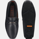 Dark blue premium leather slip-ons by bugatti, showcasing a textured upper and patterned sole.
